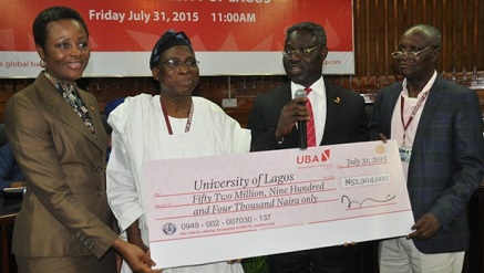 l-r: Executive Director, Resources, United Bank for Africa(UBA) Plc, Ms Obi Ibekwe ; Vice Chancellor, University of Lagos(Unilag), Professor Rahamon Bello; GMD/CEO, UBA Plc, Mr Phillips Oduoza;  and Deputy Vice Chancellor, UNILAG, Professor Duro Oni at the formal presentation of N52.9m endowment for the UBA Professorial Chair of Finance to the University of Lagos, held at the UNILAG campus, Akoka Lagos, recently.